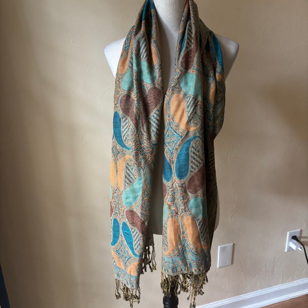 Paisley Scarf Shawl Wrap 100% Viscose Teal Blue Gold Fringe Pashmina Boho Large